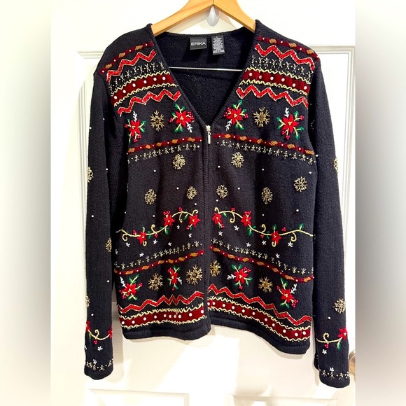 Erika Black Knit Holiday Christmas Zip Cardigan - Picture 1 of 5